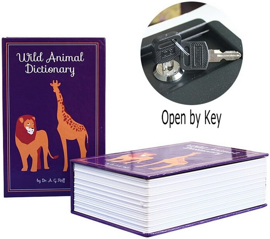Book Secret Hidden Security Safe Lock Cash Money Jewellery Locker Box M Size 2 Models (Security Code or Key) for Choice (Open by Key, Wild Animal Dictionary)