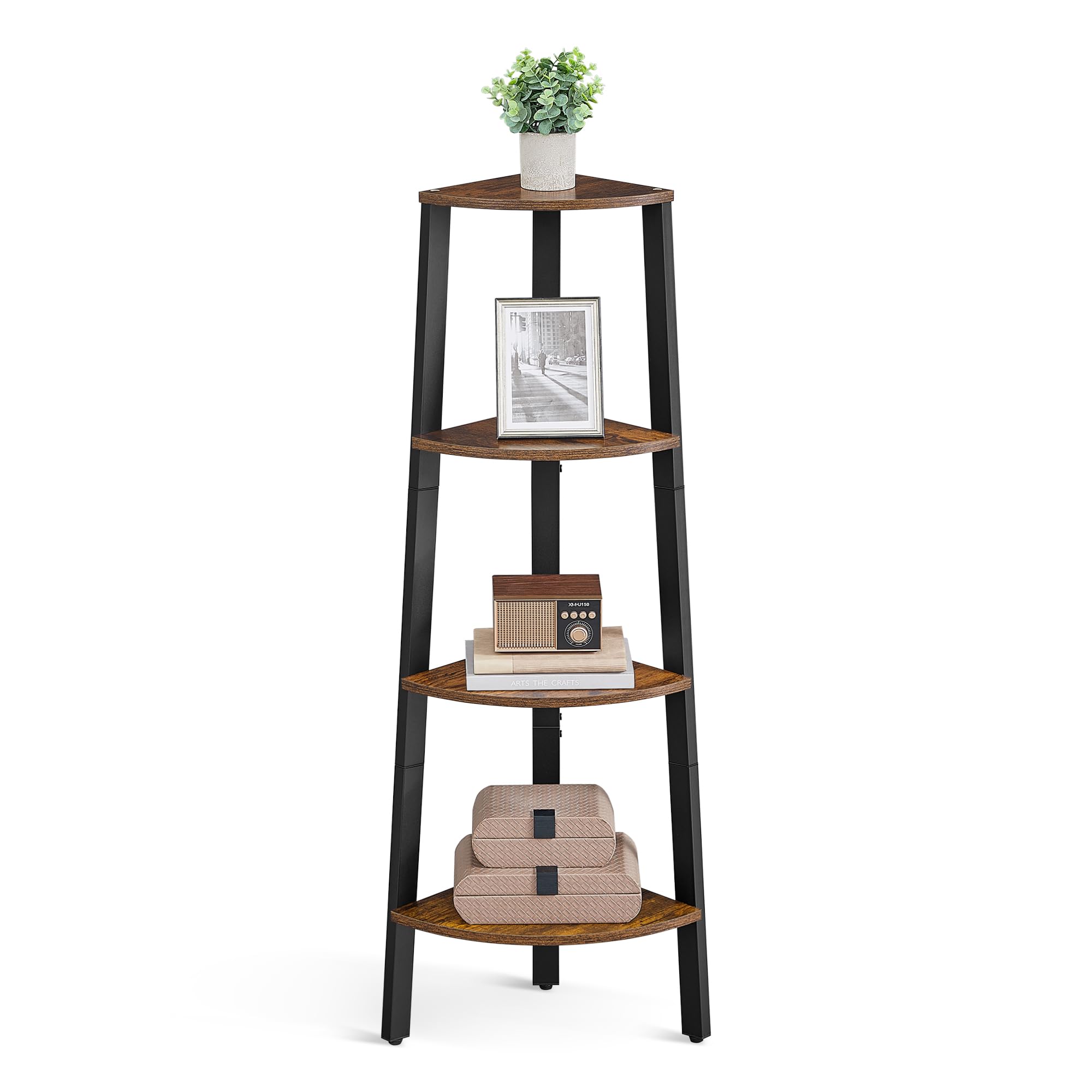 VASAGLE - Corner Shelf Bookcase - 4 Tier Ladder Shelf - Storage Unit, Plant Holder for Living Room - Industrial Style with Steel Frame - Rustic Brown and Black - LLS34X