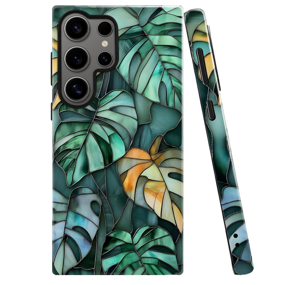 Compatible with Samsung Galaxy S25 Ultra,Glossy Dual-Layer Protection with Phone Case Cover - Stained Glass Leafs Minimalist