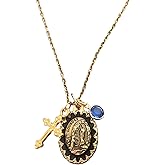 Lourdes Gold-Plated Medal Necklace – Our Lady of Lourdes Pendant with Cross & Birthstone – Choice of Stainless Steel Chain Length – Catholic Gift for Women or Teens