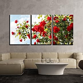 3 Piece Canvas Wall Art - Red Roses Bush in The Garden - Modern Home Art Stretched and Framed Ready to Hang - 16"x24"x3 Panels