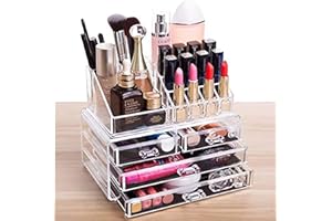 Cq acrylic Clear Makeup Organizer And Storage Stackable Skin Care Cosmetic Display Case With 4 Drawers Make up Stands For Jewelry Hair Accessories Beauty Skincare Product Organizing,Set of 2