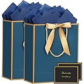 YoungTree 2PCS Medium Gift Bags with Ribbon and 2 Greeting Cards 4 Tissue Papers, Portable Paper Birthday Gift Bags with Handles, Present Bags for Valentines Day Wedding Party Supplies (Blue-Gold)