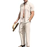 URRU Men’s 2 Piece Linen Outfit Summer Beach Short Sleeve Button Down Shirt and Pants Set