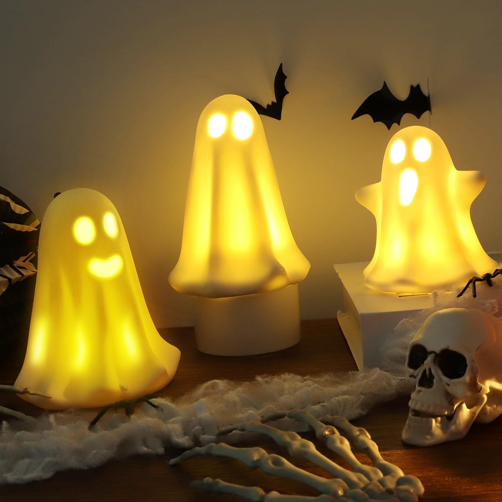 Photo 1 of GARKALY [Timer] Light Up Ghost Halloween Decor, 3 Pcs Ceramic Halloween Ghost Decorations Indoor, Cute White Ghost Figurines Statue for Indoor Decor Home Table (A)
