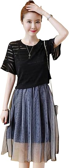 Amazon Duwei ドゥウェイ レディース 夏 コーディネート 半袖 ストライプシ シャツ 网纱 ワンピース 2点セット チュールワンピース Aライン マキシ チュニック 着痩せ シンプル スリム 原宿 上下セット 2枚組 ワンピーススーツ 通販