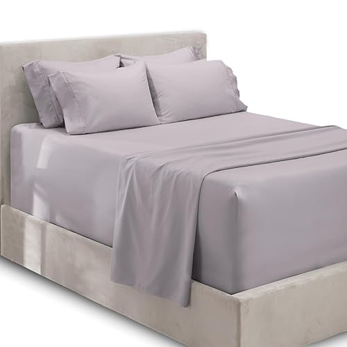 Hearth & Harbor Luxury Soft 6 Piece Bed Sheet Set Extra Deep Pocket Fitted Sheets Fits Mattress up to 21", Double Brushed Bedding, Queen, Light Lavender
