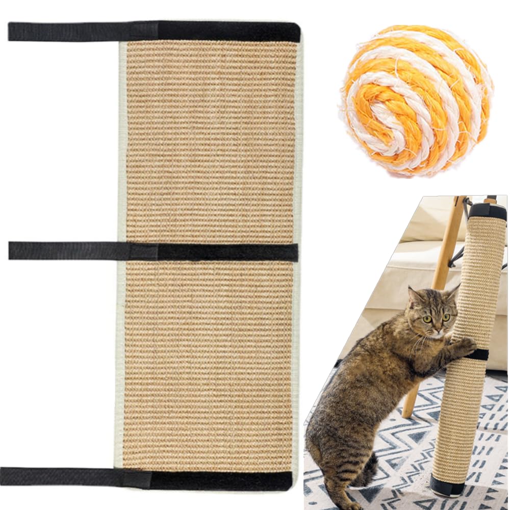 1 Pcs Table Leg Cat Scratcher Sisal Scratching Mat Protector for Furniture Legs Scratch Pad Protection with Wrap Around Straps 63cm*25cm+1 Sisal Ball