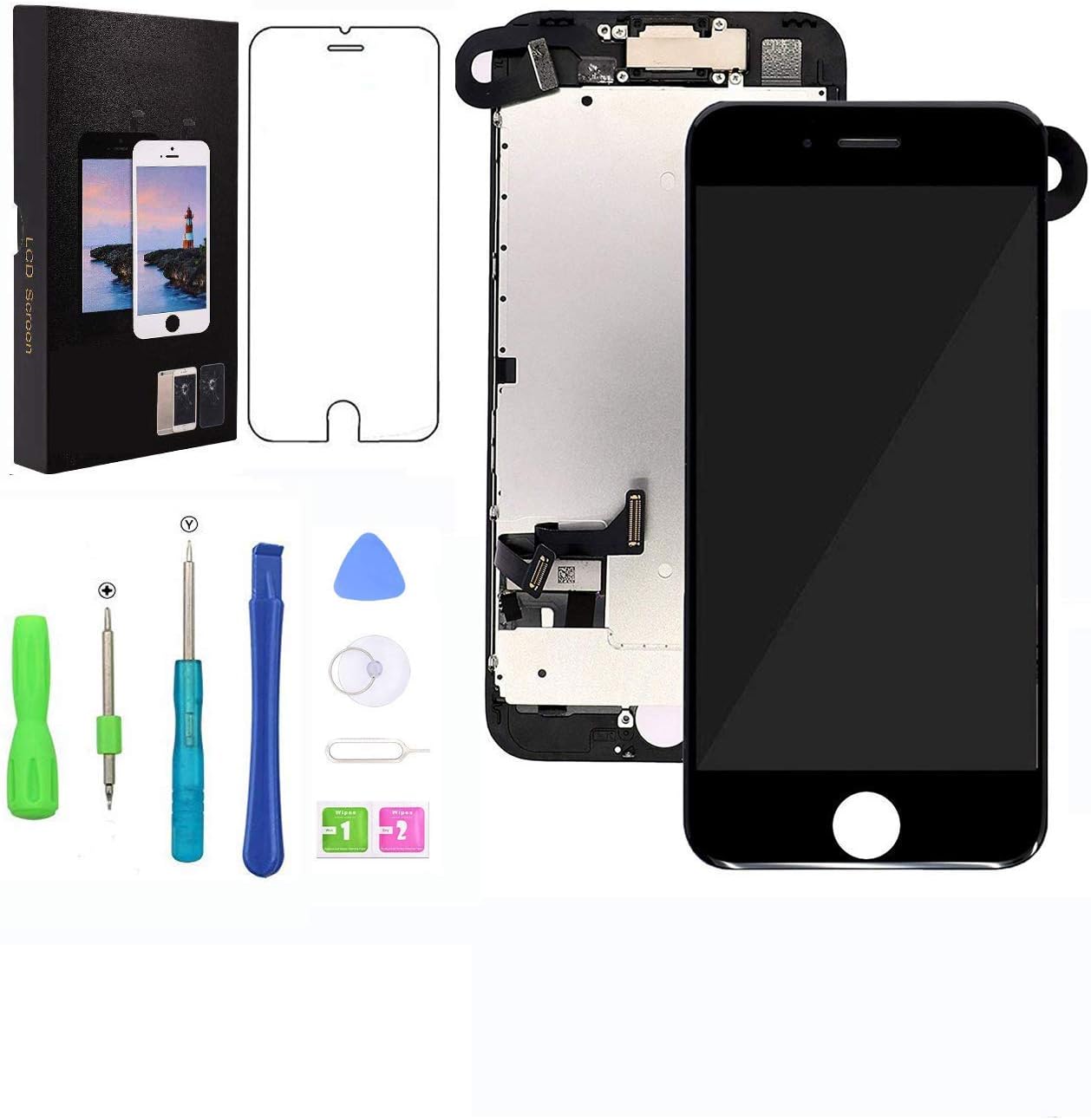 Screen Replacement for iPhone 7, LCD Display and Touch Screen Digitizer Replacement Full Assembly with Proximity Sensor+Ear Speaker+Front Camera and Screen Replacement Repair Tool and Protector