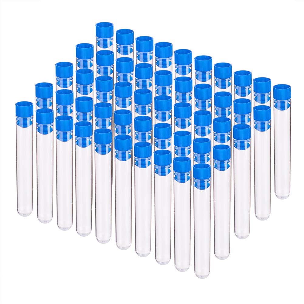 BENECREAT 50PCS 10ml Clear Plastic Test Tubes with Blue Push Cap Round-bottomed Sample Containers Bottles for Scientific Experiment, Beads, Crafts