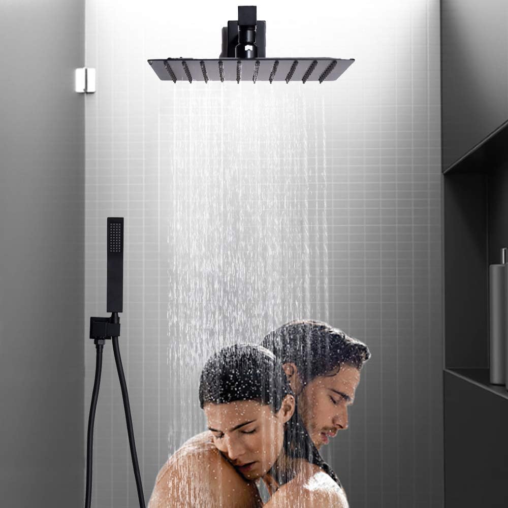 Rugus Shower System，Luxury Rain Mixer Shower Tub Spout Combo Set Wall Mounted Rainfall Shower Head System，10 Inch Square Rain Shower Head, Black Shower faucet rough-in valve body and trim - - 
