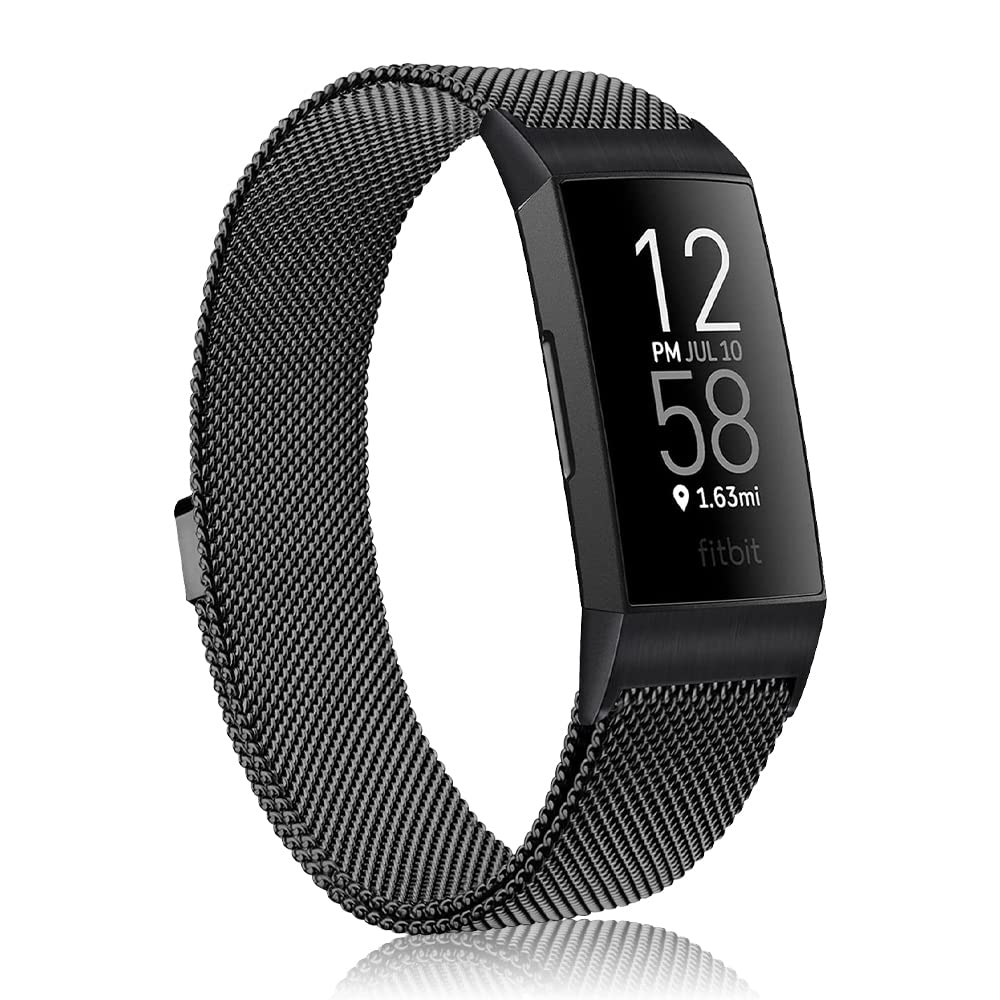Niboow Strap Compatible with Fitbit Charge 3/Charge 4, Men Women Magnet Stainless Steel Mesh Metal Breathable Watch Bands - Black