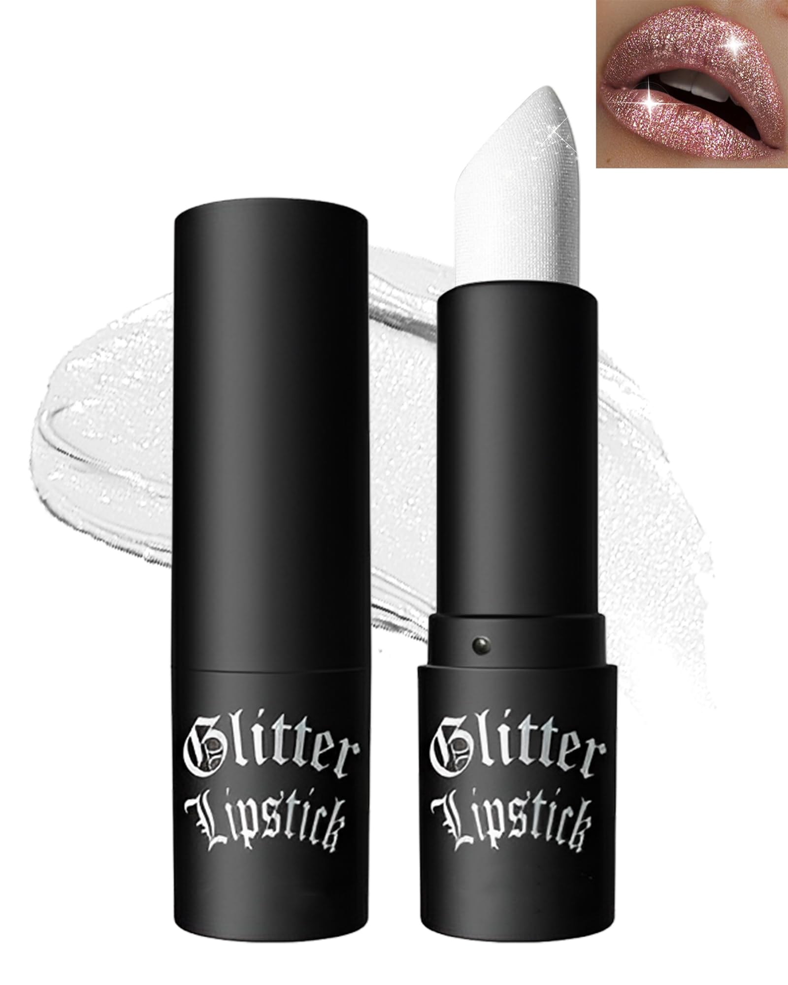 White Diamond Glitter Matte Lipstick, Gothic Shiny Lip Gloss, Sparkling High Pigment Lipstick, Longlasting Waterproof Smudgeproof Non Stick Cup Shimmer Lip Blam for Stage, Cosplay, Halloween Makeup-01