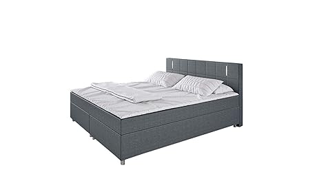 'King' Boxspringbett 180x200cm LED Bett Doppelbett Komplettbett Hotelbett Stoff - grau