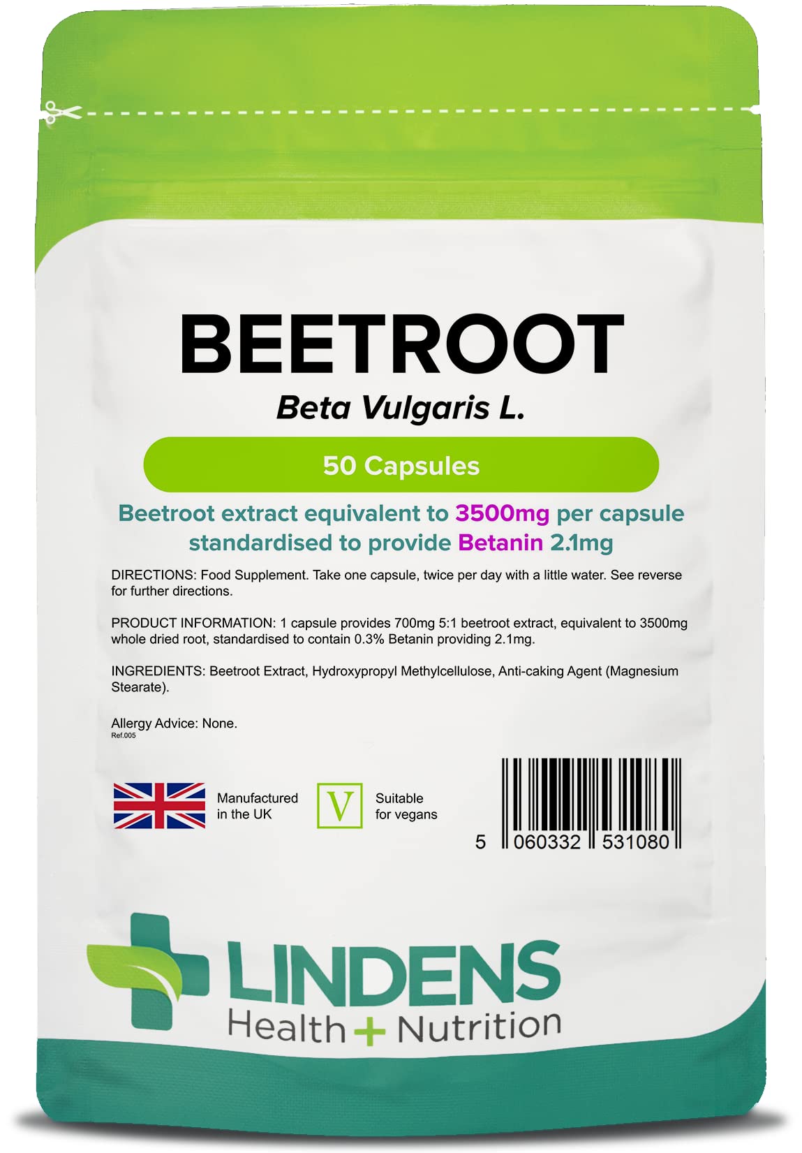 Lindens - Beetroot 7000mg Per Serving - 50 Capsules - UK Manufacturer - Beta Vugaris L, Concentrated Extract - Source of Dietary Nitrates, Popular with Runners & Cyclists - Letterbox Friendly - Vegan