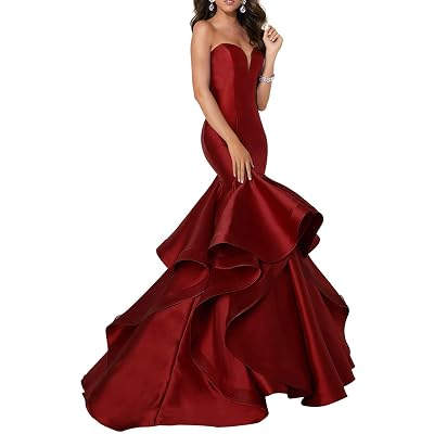 chinese dress ladies Simple Red Satin Mermaid Evening Dresses Tulle Ruffles 2018 Sexy Evening Gowns Long main image 1
