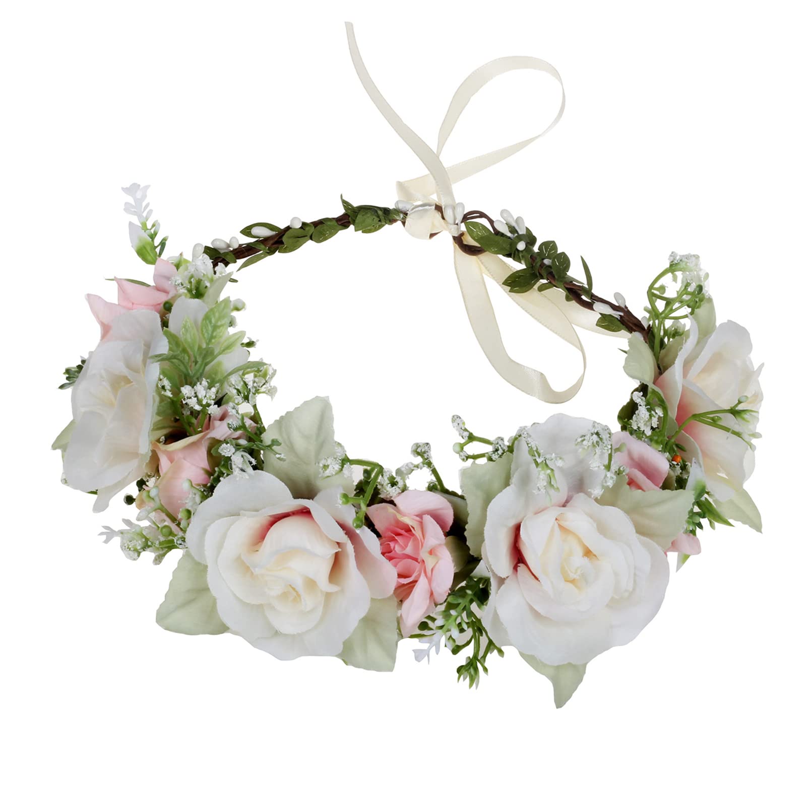 Brikuinr Bridal Flower Crown Floral Wreath Headband Hair Wreath Hair Garland Flower Halo Floral Headpiece Boho with Ribbon Wedding Party White — image 1