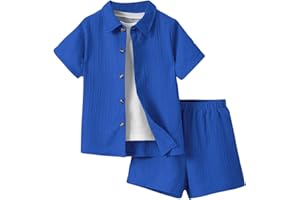 SweatyRocks Boy's 2 Piece Outfits Short Sleeve Collar Button Down Shirt and Shorts Clothing Set