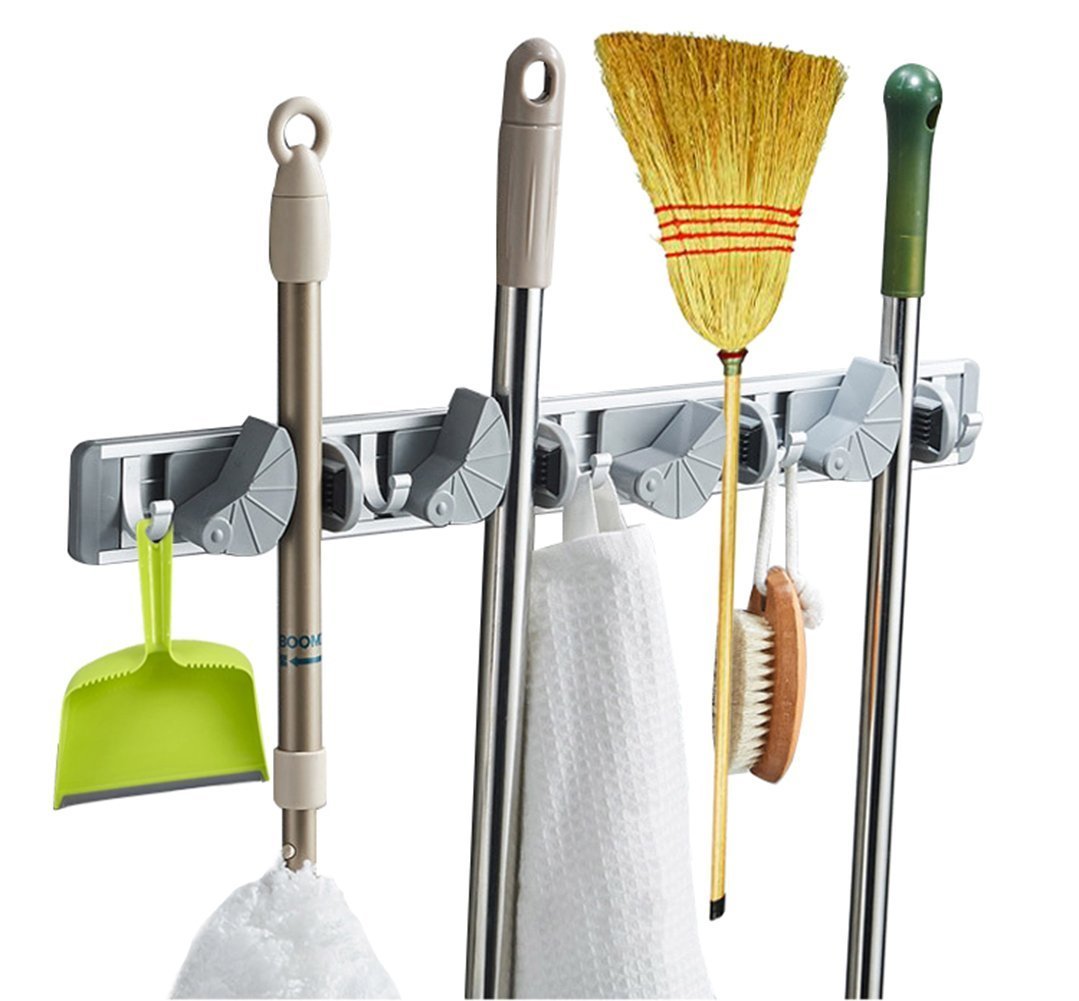 Multi-functional Mop Rack Senior Aluminum Clip On Broom Holder and Garden Tool Organizer for Rake or Mop Handles and Many Handy Tools 9 in 1 (Silver and Gray)