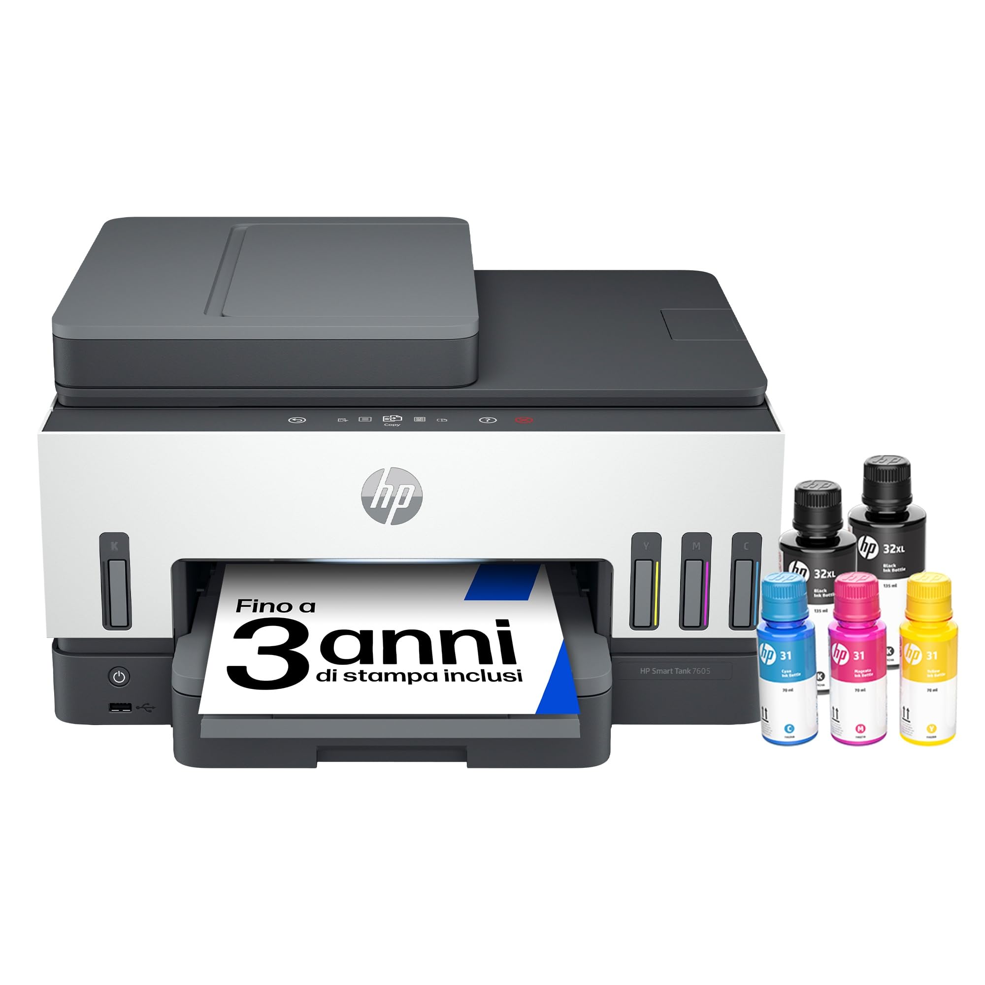 HP Smart Tank 7605 28C02A, Stampante Multifunzione a Colori, Serbatoio d'Inchiostro ad Alto Volume di Stampa, Fino a 12000 Pagine (Nero) e 8000 Pagine (Colore), F/R Automatica, Wi-Fi, Grigia