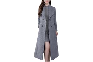 STYESH Women Winter Wool Blend Camel Maxi-Long Coat Notch Double-Breasted Lapel Jacket Outwear Business Casual Trench Coats