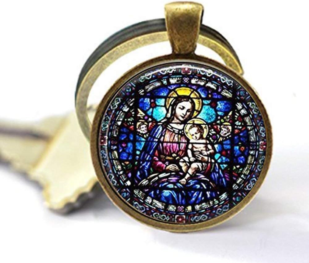 Virgin Mary and Child Stained Glass,Christian Jewelry, Christian Gifts,Virgin Mary Keychain,Christian Necklace, Baby Jesus Jewelry Keychain