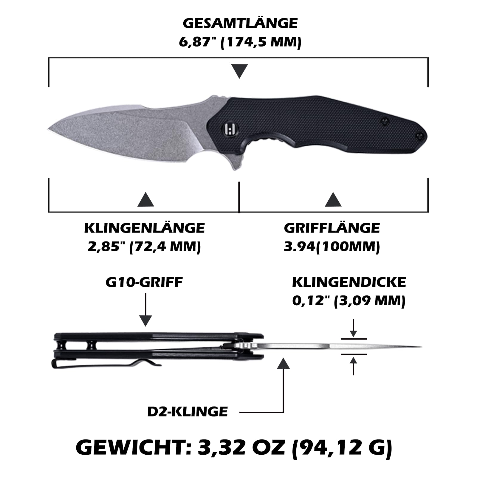 Hightron MINI VENTURA Taschenmesser für Herren, Flipper-Klappmesser mit 7.24CM Scharfer Stonewashed-Klinge aus D2-Stahl & G10-Griff, Kleines Taschenmesser mit Taschenclip für den Außenbereich, Schwarz 3