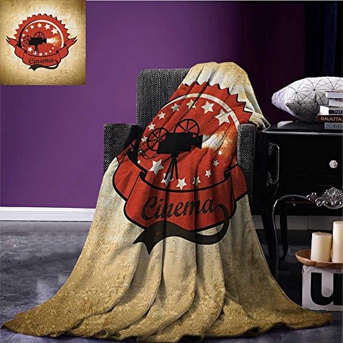 Movie Theater Travel Blanket Old Movie Camera Surrounded by Stars on Grungy Background Flannel Blanket Pale Brown Vermilion Black Size:51"x31.5"