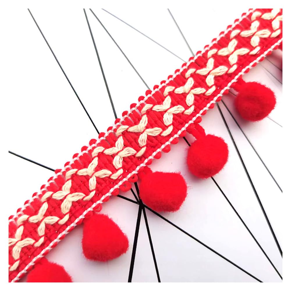 SMTCM 5/10/15/20 Meters 3 cm Polyester Silk Ethnic Style Pompom Trim Pompoms Fringe Trim Bobble Ribbon for Sewing Crafts DIY Costumes Clothing Curtain Decoration Red