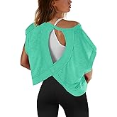 SENSERISE Womens Open Back Workout Tops Backless Short Sleeve Athletic Shirt Running Crop Top Gym Yoga Tee