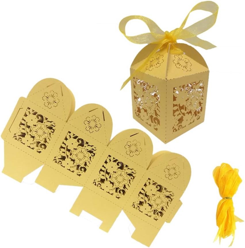 Candy Box small Glod Gift box Flower Laser Cut square paper Party Favor Box with Ribbon for Wedding,Bridal Shower,Birthday,Baby Shower,Anniversary,holiday celebration party supplies decoration,50pcs