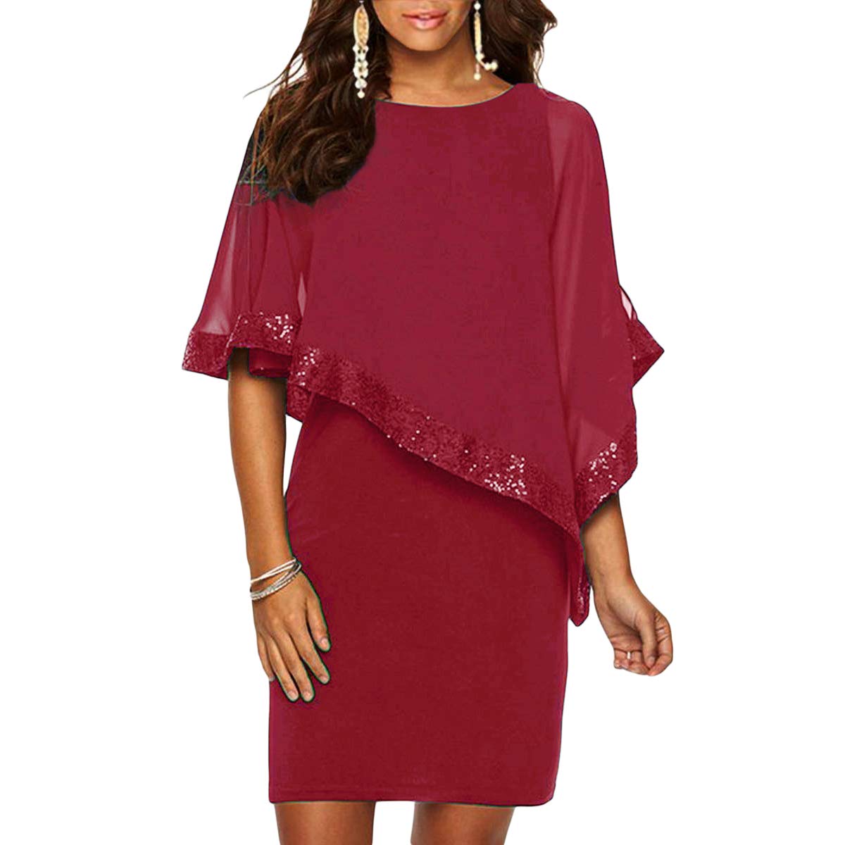 Women Cocktail Dress Sequined Overlay Chiffon Poncho Pencil Party Mini |  Desertcart Botswana