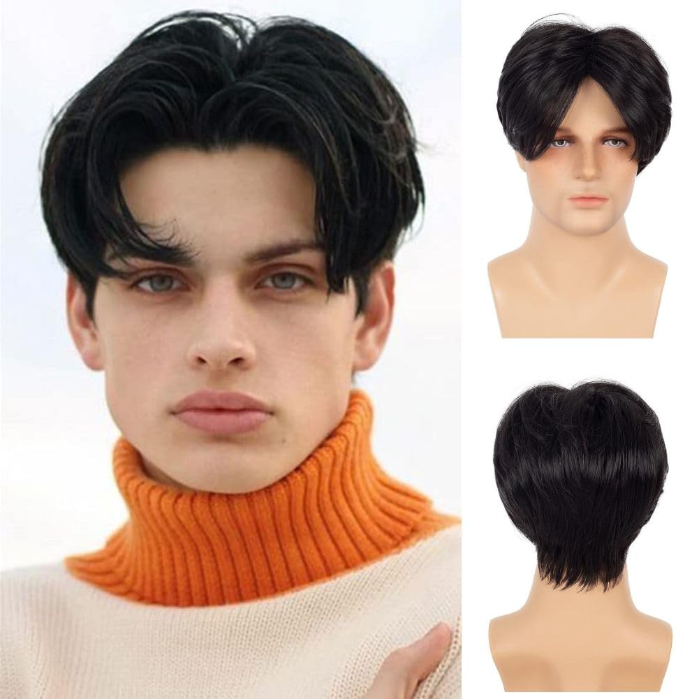 Siudus Mens Black Short Wig Layered Straight Middle Part Hair Wigs Natural Synthetic Fiber Wig for Daily Use