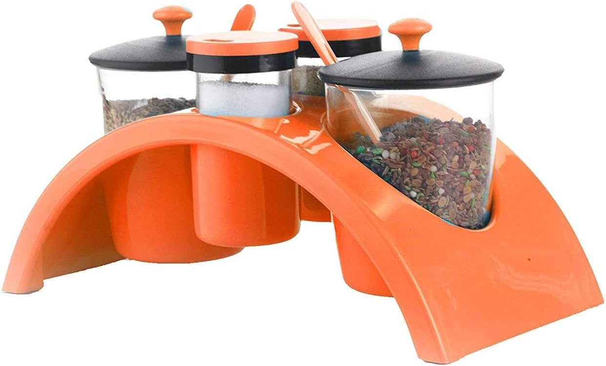 Roxa Plastic Multi Purpose 2 by 2 Aachar Pickle Container & Spice Jar Set/Masala Tray/Dining Spice Stand/Jar Box Transparent (Set of 2 Pickle + 2 Spice Jar with Lid, 2 Spoon, 1 Tray) (Orange)