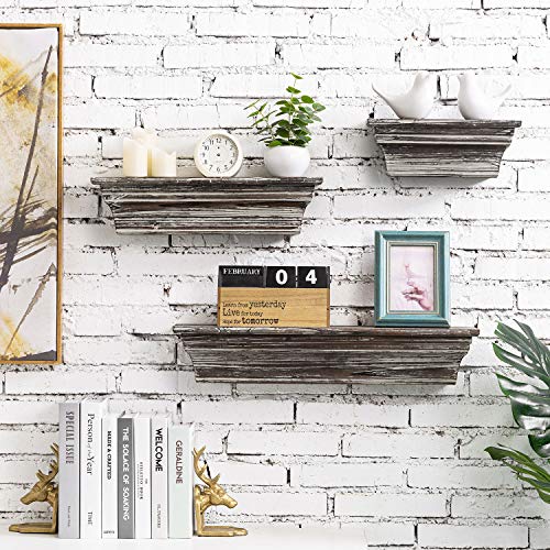MyGift Rustic Torched Wood Wall Mounted Display Floating Shelves for Bathroom, Kitchen, Bedroom, Living Room, Set of 3