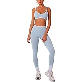ABOCIW Womens 2 Piece Workout Sets Seamless Color Block Sports Bra Scrunch Butt Lifting High Waist Leggings Gym Set