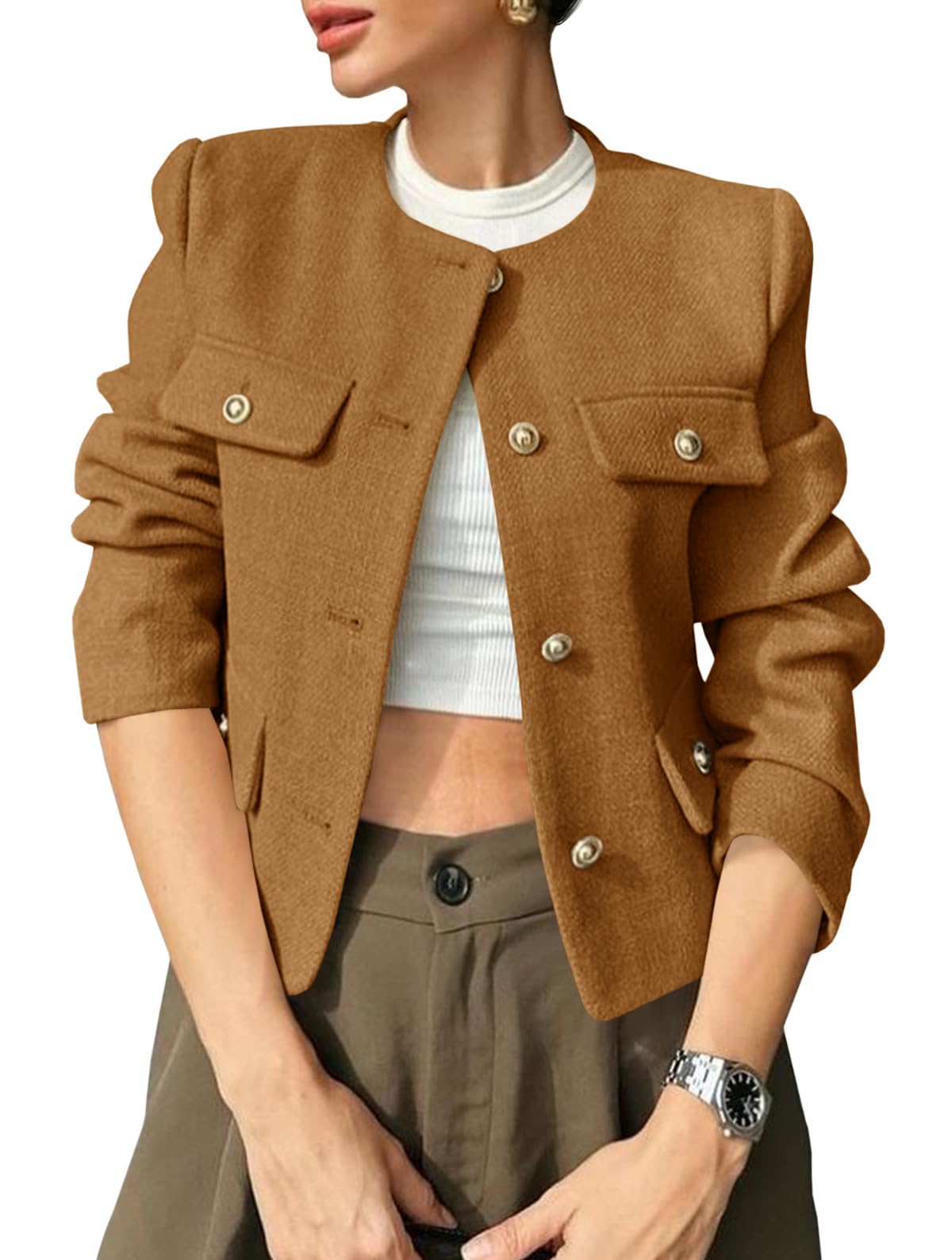 Photo 1 of Cicy Bell Womens Cropped Tweed Blazers Jacket Collarless Button Down Business Casual 2025 Fall Outfits Winter Coats Brown