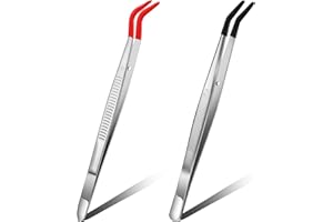 Honoson 2 Pieces Tweezers Curved Bent Tip Tweezers with Rubber Silicone Tips PVC Coated Non Marring Soft Long Rubber Stainless Steel Tools for Jewelry Crafts(Red, Black)