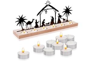 MUDEREK Nativity Scene and 18PCS Tealights for Christmas Indoor,Black Metal Light Up Nativity Set with Wood Base and Tealights,Glowing Nativity Scene Christmas Centerpieces for Holiday Home Table Shelf Decor