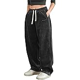 XYXYING Women's Corduroy Casual Pants Loose Comfortable Wide-Leg Pants with Elastic Waistband Drawstring and Multiple Pockets