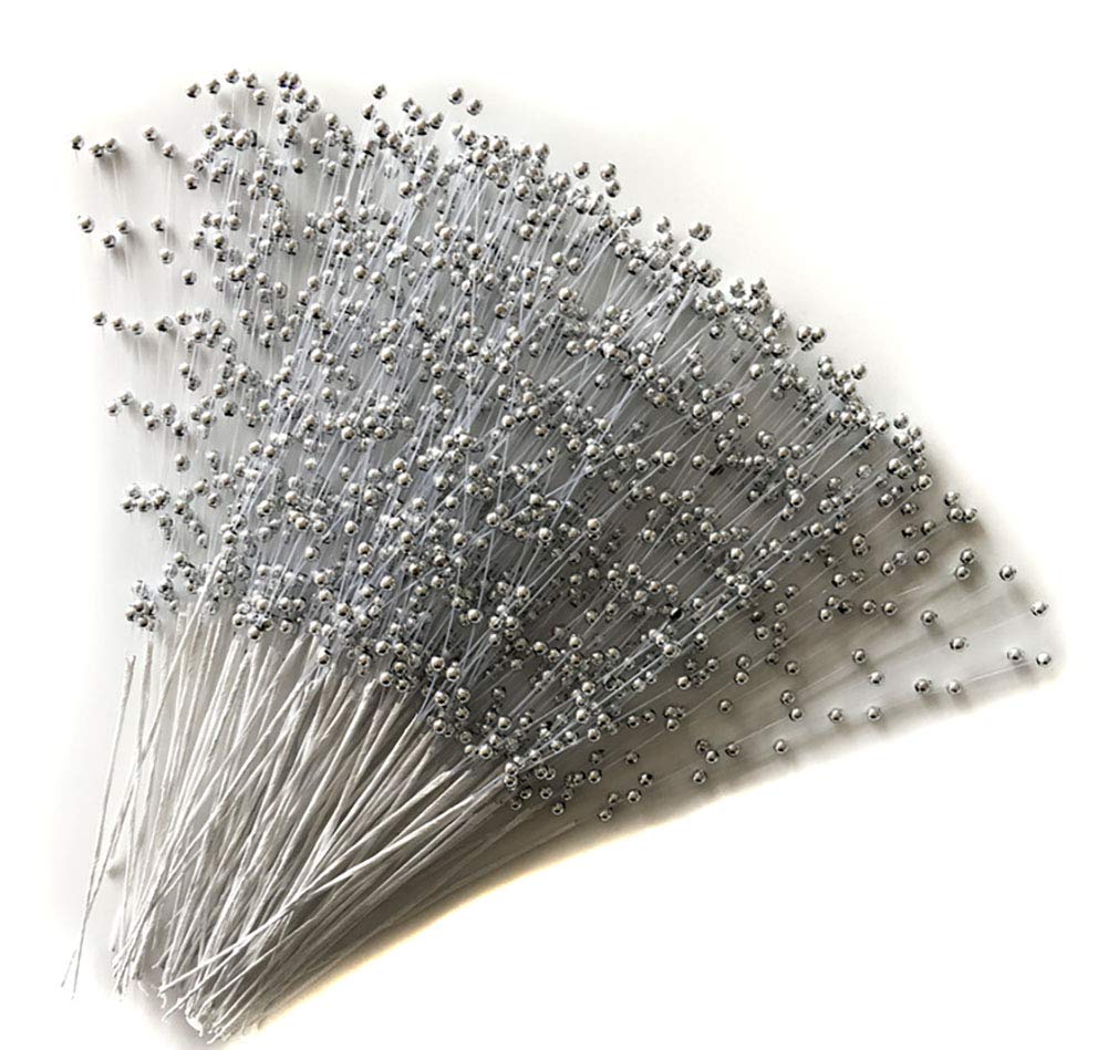 100 Stems Imitation Pearl Sticks Beaded String for Crafts Spray Beads Wire Stems DIY Accessories Christmas Garland Wedding Bridal Flower Bouquet Party Table Decor (Silver)