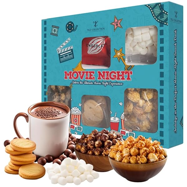 MOVIE NIGHT HAMPER SNACK BOX, MOVIE NIGHT SNACKS, KIDS SWEETS SWEETS GIFT BOX WITH CHOCOLATES, HOT CHOCOLATE, MINI MARSHMALLOWS, CHOCOLATE & CARAMEL POPCORN, BUTTER BISCUITS, GIFTS FOR HER |WOMEN |HIM