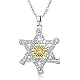 Hagkew Star of David/Sunflower/Moon/Sun Necklace for Women 925 Sterling Silver Magen David Pendant with Wooden Jewish Star Necklace Jewelry Christmas Gifts for Men Women