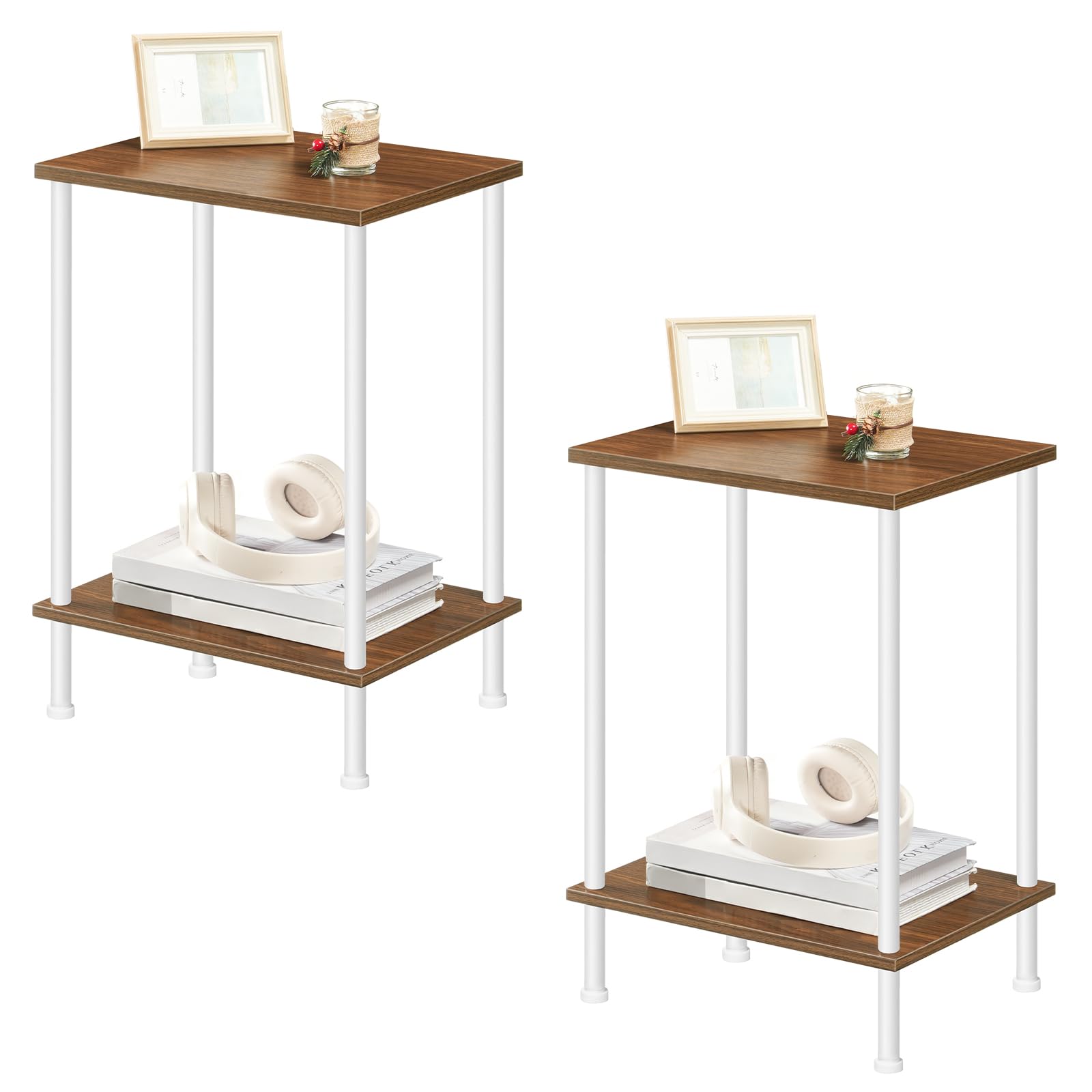 HOOBRO End Tables Set of 2, Small Side Table, Nightstand with 2-Layer Storage Shelves, Sofa Table for Small Spaces, Living Room, Bedroom, Stable Frame, Easy Assembly, Walnut and White WH09BZP201 Image