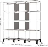 LOEFME Canvas Wardrobe 172x130x45cm, Grey, 2 Hanging Rails & 18 Bags view 3