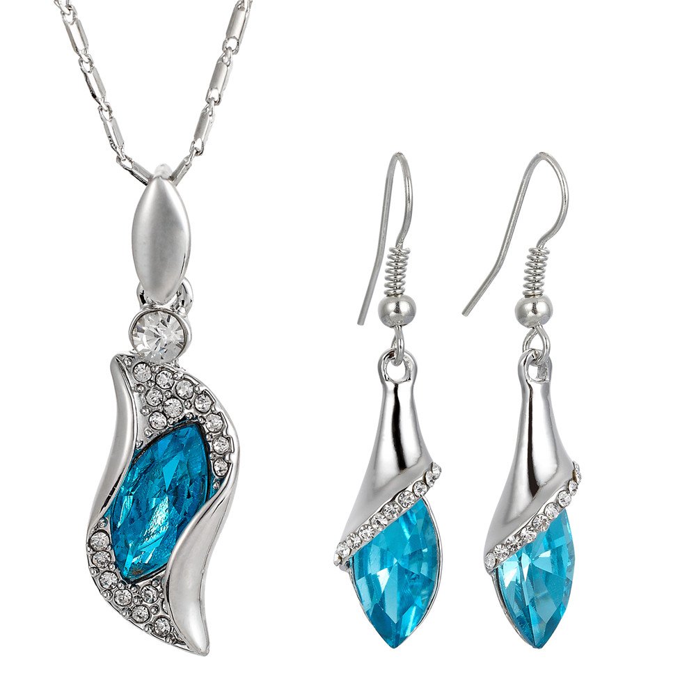 RIZILIA Jewellery Set Pendant with 44cm(17") Chain & Drop Dangle Earrings Marquise Cut Austrian Crystal Rhinestone [Aquamarine] in 18K White Gold Plated, Simple Modern Elegance