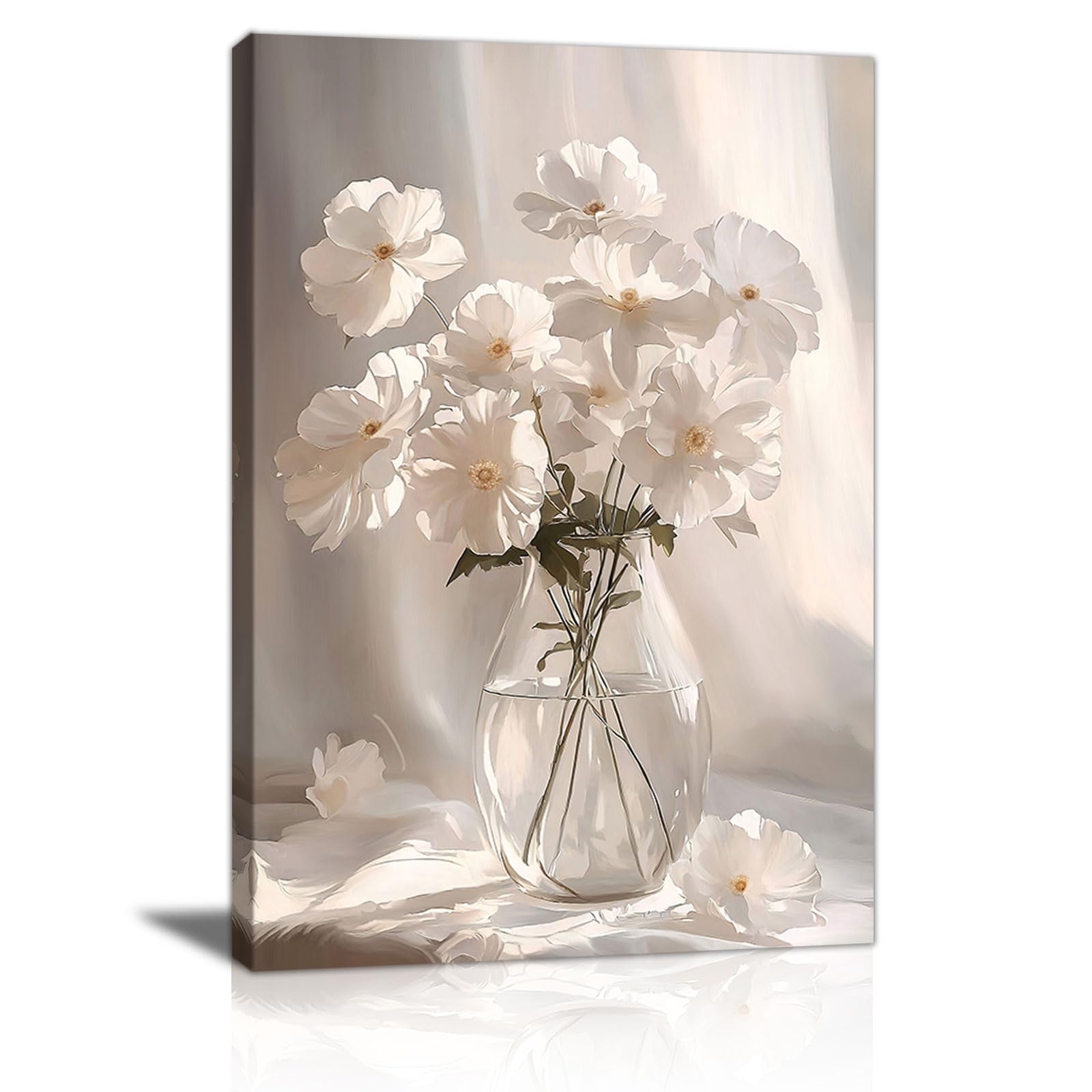 FajerminArt White Flowers Blooming in the Sun Framed Canvas Wall Art, Elegant White Floral Pictures Printed Poster Painting on Canvas Wall Decor for Bedroom Living Room Bathroom Ready to Hang 40×60cm