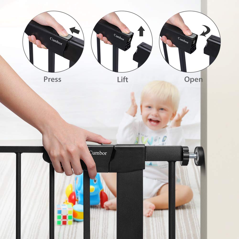 Cumbor 46”Auto Close Safety Baby Gate, Extra Tall and Wide Child Gate, Easy Walk Thru Durability Dog Gate for The House, Stairs, Doorways. Includes 4 Wall Cups, 2.75-Inch and 8.25-Inch Extension : Baby