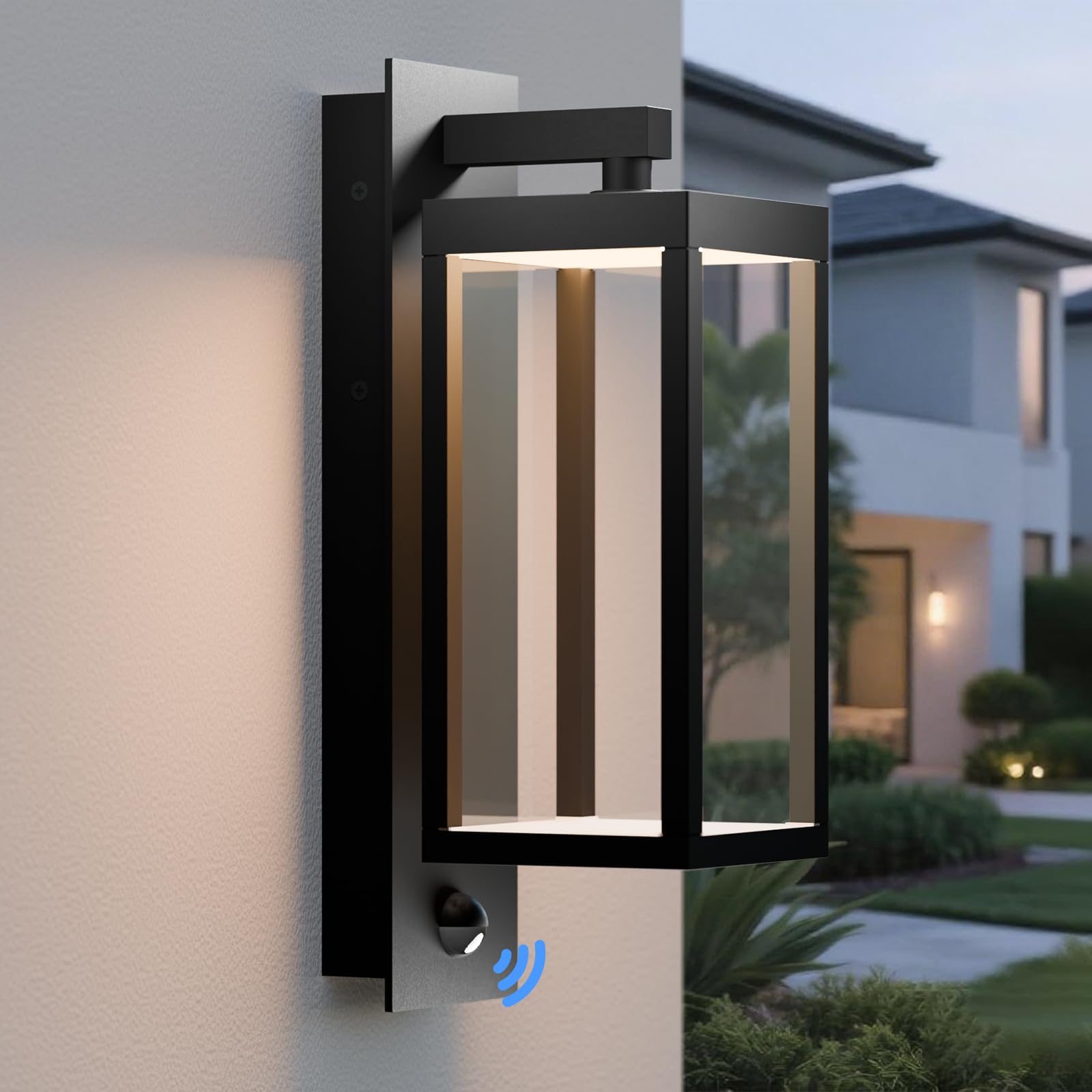 Photo 1 of Inowel Modern Motion Sensor Dusk to Dawn Outdoor Wall Light Sconce with Glass, 850LM LED, IP65 Waterproof Aluminum Lantern - Exterior Lighting for Porch, Garage, Front Door, Patio,Black