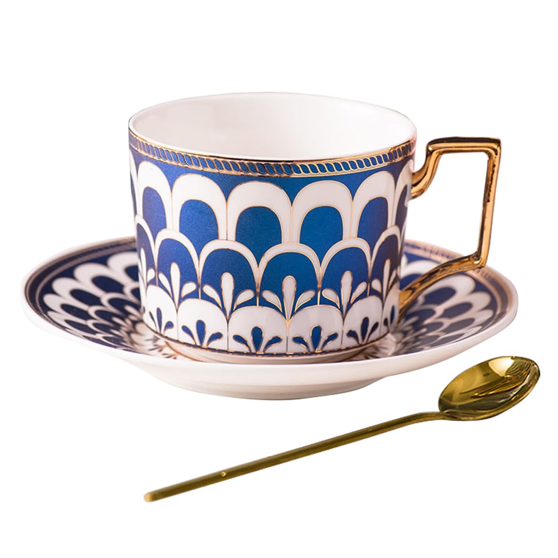 XUDREZ European Style Cup Tea Cup and Saucer Set, 8.5oz/250ml Bone China Coffee Tea Cups with Saucer and Golden Spoon (Blue)